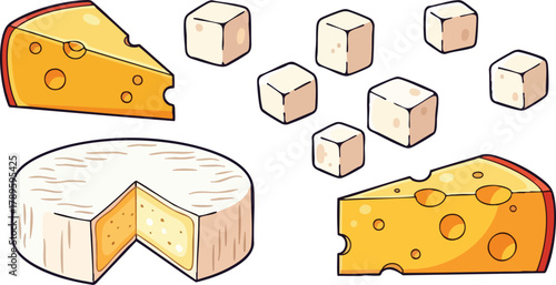 Pixel Art Cheese Selection Featuring Swiss Cheese Wedges and Brie Wheel with Cubes