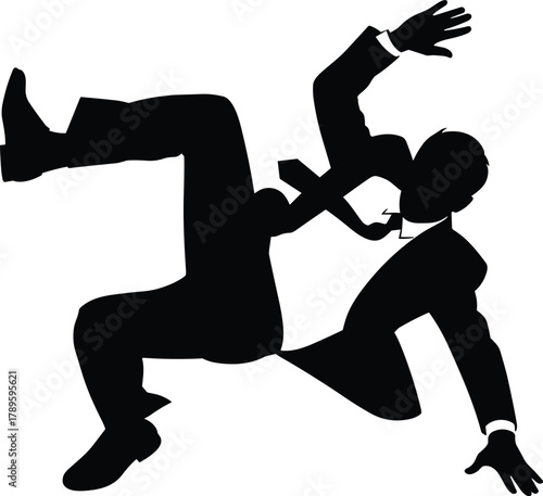 Black silhouette of a man in a suit falling or dancing dynamically on white vector
