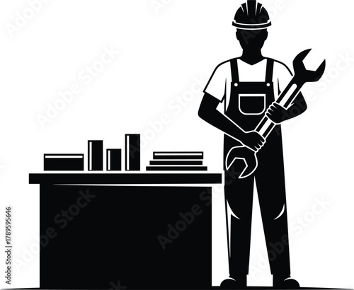 Black silhouette of a male worker in overalls and hard hat holding a wrench vector