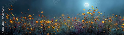 Full moon shining on wildflower field at night concept. A vibrant field of colorful flowers illuminated by moonlight.