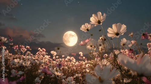 Full moon shining on wildflower field at night concept. Beautiful flowers blooming under a bright, full moon at night.