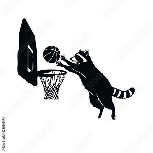 Raccoon playing basketball vector animal athletic sport fitness with hoop equipment on white background