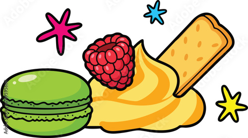 Green Macaron With Yellow Cream Raspberry And Biscuit Decorated With Star Sparkles