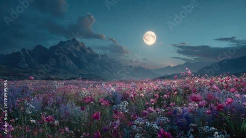 Full moon shining on wildflower field at night concept. Vibrant flower field under a glowing full moon in the evening sky.