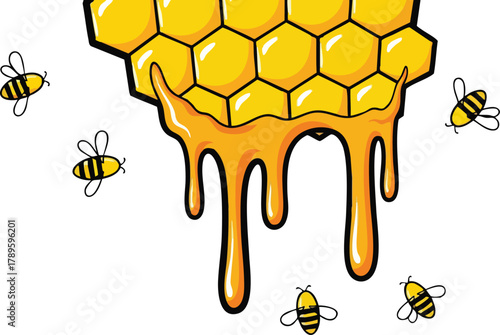 Golden Honeycomb Dripping Sweet Honey Surrounded by Flying Bees on White Background