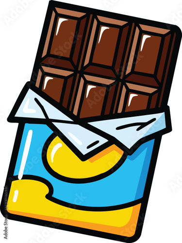 A Milk Chocolate Bar With Blue and Yellow Wrapper is Open Showing The Chocolate Segments Ready To Eat