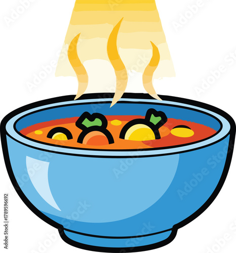 Blue Bowl Filled With Hot Tomato Soup With Vegetables And Steam Rising Upward
