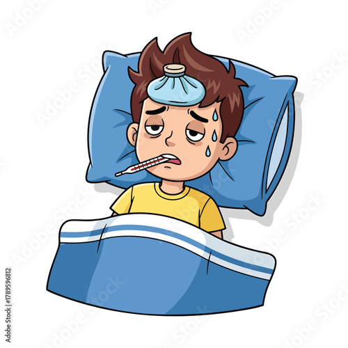 Unwell cartoon boy with a fever sweating in bed with a thermometer and an ice pack on his forehead.