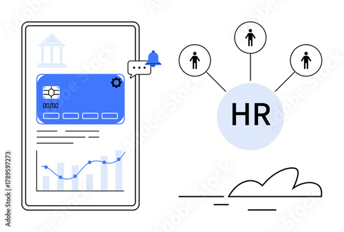 Mobile dashboard displays analytics, graphs, and notifications alongside HR icons connecting people. Ideal for HR strategy, team management, business analytics, digital tools, data-driven decisions