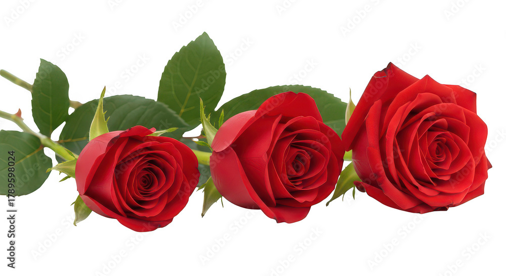 Naklejka premium Three Vibrant Red Roses Isolated On Black Background