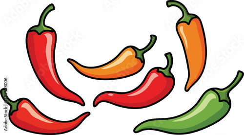 Assortment Of Pixelated Chili Peppers In Red Orange And Green On White Background