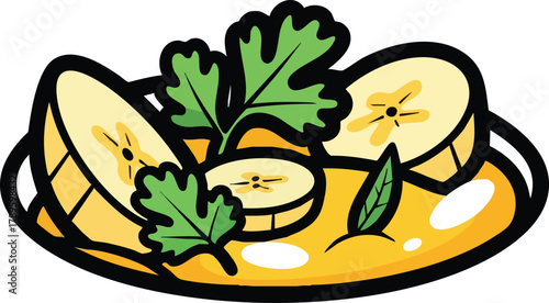 Yellow Dessert Bowl Sliced Bananas and Green Garnish