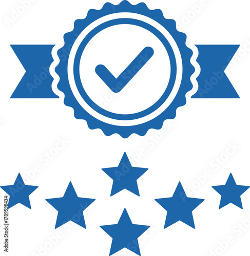 Blue checkmark badge with ribbon and five stars on white background vector