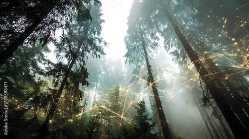 double exposure forest landscape overlay with digital data lines and holographic network, smart eco forest technology