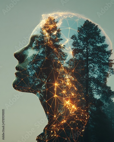 double exposure portrait of woman blended with trees and glowing digital network, human and nature harmony, eco future
