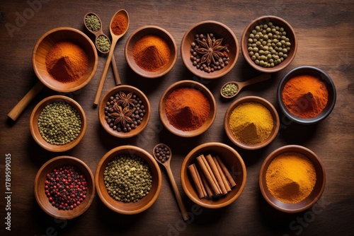 Verschiedene Gewürze und Kräuter in Holzschalen auf einem Holztisch