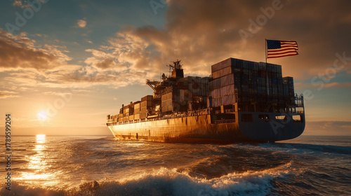 A large ship with a flag on the top