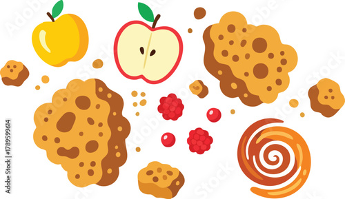 Pixelated sweet treats with whole and sliced apples and raspberries on a white background