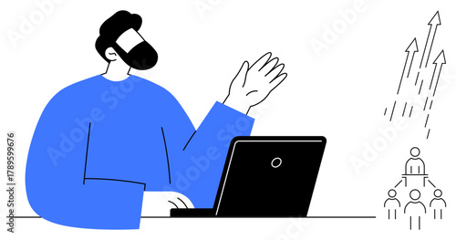 Person gesturing at a laptop, arrows symbolizing growth, hierarchical structure of people. Ideal for leadership, teamwork, business strategy, training, innovation, career growth communication