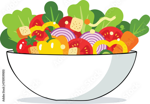 Healthy Salad Bowl With Fresh Vegetables And Croutons In A White Bowl