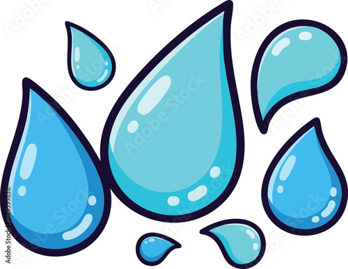 Collection Of Blue Water Droplets On White Background With Dark Outline