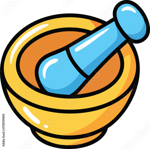 Golden Mortar And Pestle With Blue Handle For Grinding Herbs And Spices