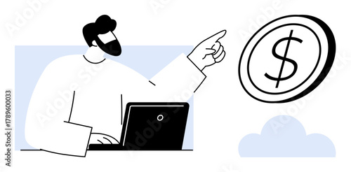 Person at desk with laptop gestures toward a dollar coin floating near a cloud shape. Ideal for finance, online banking, investment, money management, budgeting, technology, and innovation. Simple