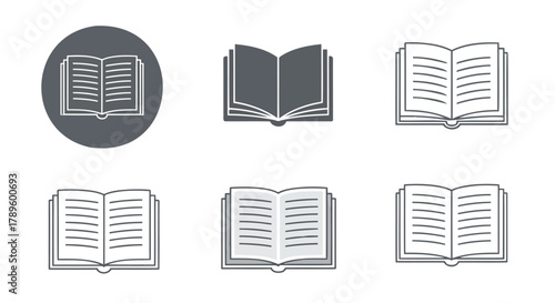 Vector illustration of collection of open book icons in various styles and shades of gray