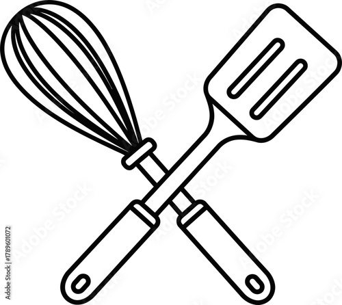 Simple outline icon of a crossed whisk and spatula for cooking or kitchen theme.
