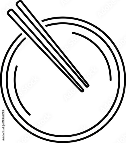 Simple outline icon of an empty bowl with a pair of chopsticks resting on top.
