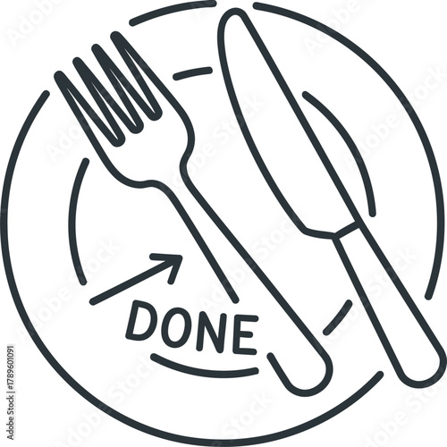 Simple outline icon showing proper "done eating" cutlery position on a plate.
