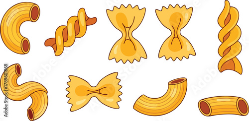 Assorted Dried Pasta Shapes Macaroni Farfalle Fusilli Rigatoni On White Background