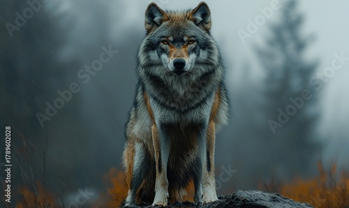 Majestic grey wolf sitting on a rock in a foggy wilderness looking intensely