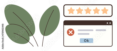 Green leaves next to a digital window showing 5-star rating bar and error alert. Ideal for online review, eco branding, nature web design, user experience, interface, error handling, simple flat
