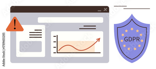 Alert icon on browser window with rising data trend alongside GDPR shield. Ideal for data protection, compliance, privacy management, analytics, regulations, security policies, online safety. Simple