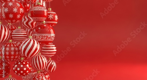 Red christmas baubles with white patterns on a red background, festive season.