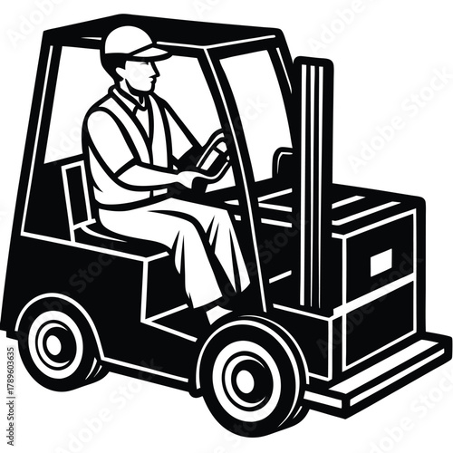Forklift operator driving warehouse lift truck woodcut style