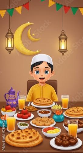 Boy in kufi cap celebrating iftar meal with dates, juice, flatbreads, and decorations for ramadan.
