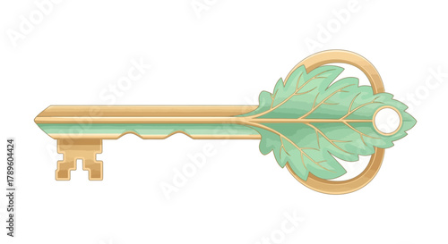 Elegant antique gold key with a beautiful green leaf design on the bow. A magical and symbolic vector illustration for unlocking nature's secrets
