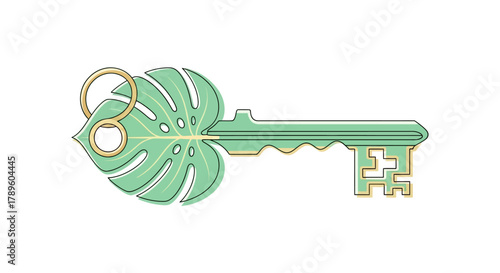 Stylized graphic illustration of a key featuring a lush tropical monstera leaf head, representing natural access, growth, and the unlocking of fresh, green possibilities