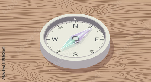 A top-down view of a classic navigational compass resting on a textured wooden surface, showcasing its directional indicators