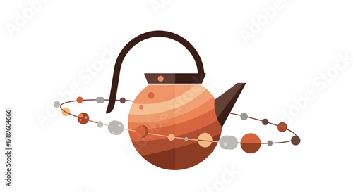 A unique design illustration of a stylized teapot shaped like a cosmic planet, encircled by orbiting celestial spheres, creating a whimsical blend of household items and the vast universe