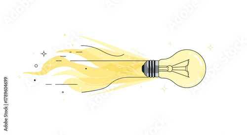 Creative idea concept with a launching light bulb icon, symbolizing innovation, startup, genius, and inspiration in dynamic motion