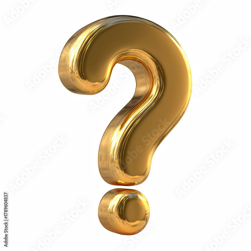 Golden question mark with smooth rounded edges and shiny metallic surface isolated on transparent background