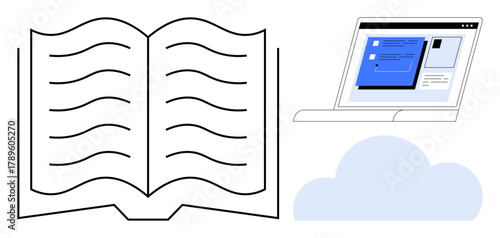 Open book alongside a laptop with a webpage, backed by a cloud graphic. Ideal for education, e-learning, technology, knowledge sharing, digital transformation, remote learning, simple flat metaphor