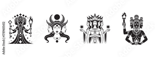 Triple Goddess Vector Silhouette Set. Mythological Female Deity, Moon Symbol, and Sacred Feminine Illustration.