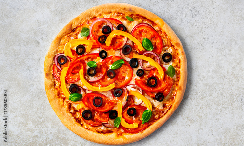 Deliciously prepared round pizza topped with fresh vegetables like tomatoes, onions, and bell peppers, garnished with olives and basil, ready to be served and enjoyed, a perfect meal choice