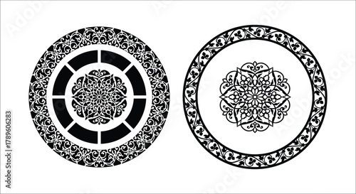 Two Ornate Black Circular Decorative Designs on White Background mandala