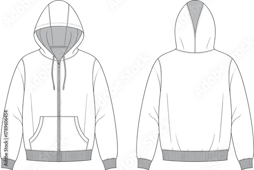 Modern hoodie sweatshirt technical flat sketch front and back view, detailed clothing vector template with zipper, pockets, hood and ribbed cuffs illustration