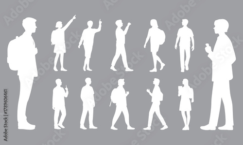 Modern people silhouette collection, walking and pointing figures, white CAD vector illustration on gray background, isolated design